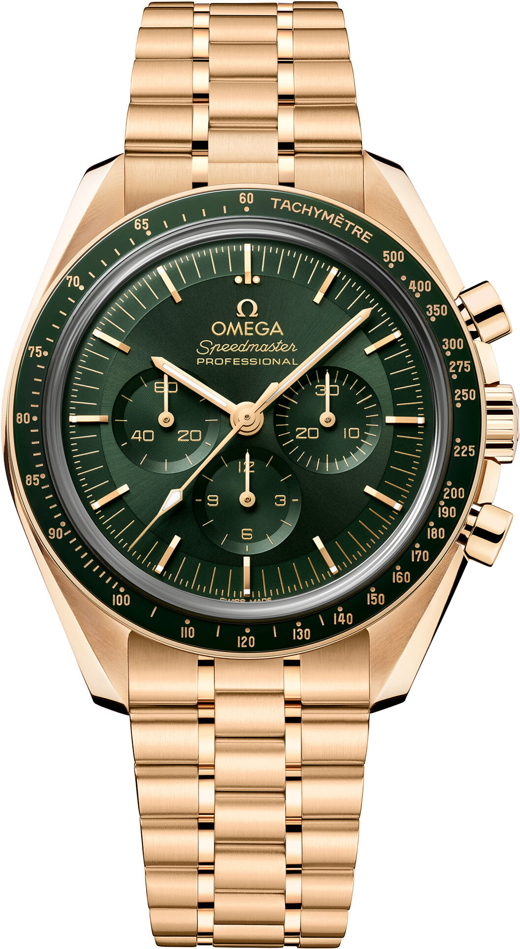 Omega Speedmaster Moonwatch Professional Master Chronometer Moonshine Gold Green Dial on Bracelet