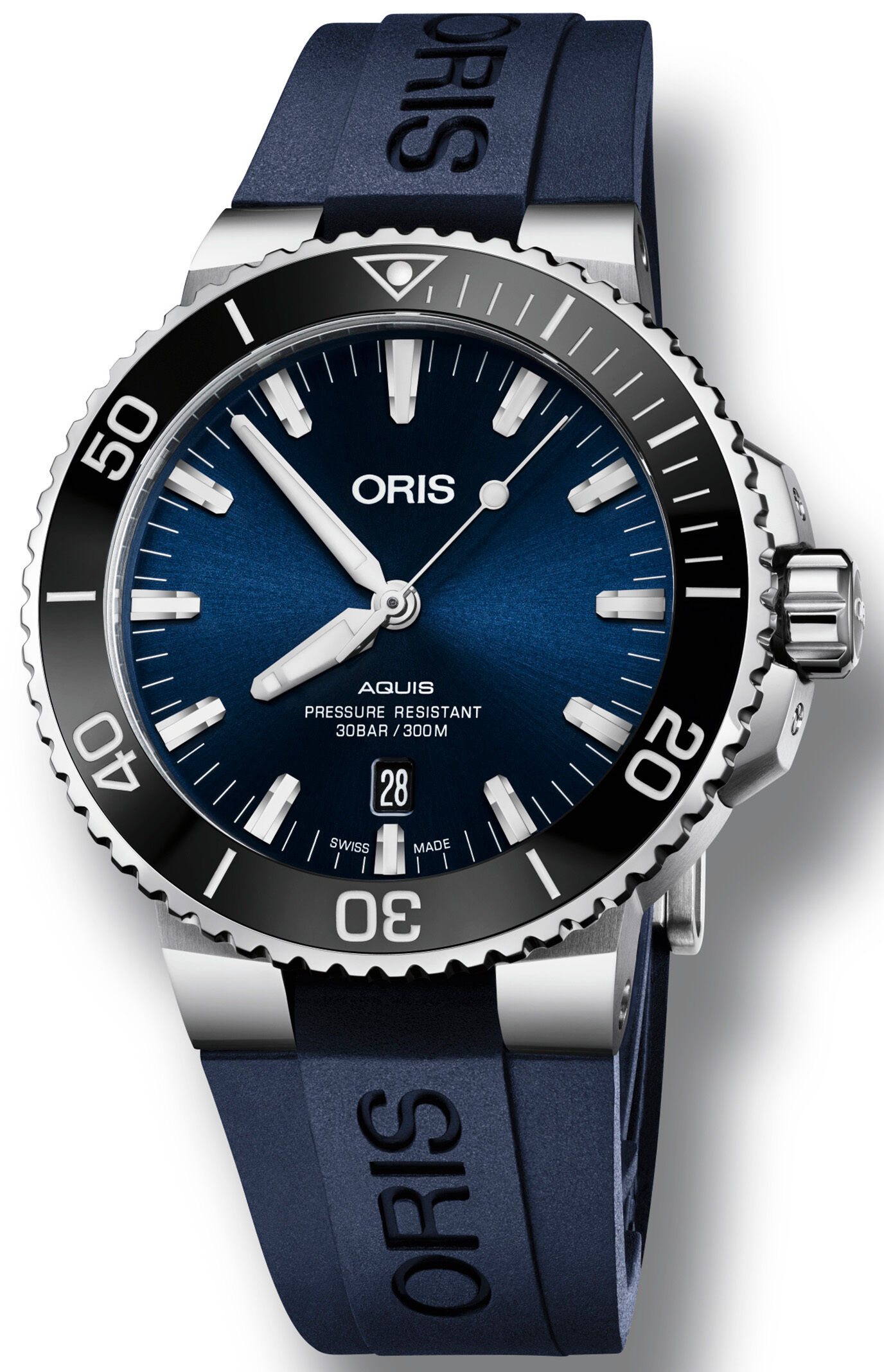 Oris 01 733 7730 4135-07 4 24 65EB Aquis Date Blue Dial on Blue Rubber Strap