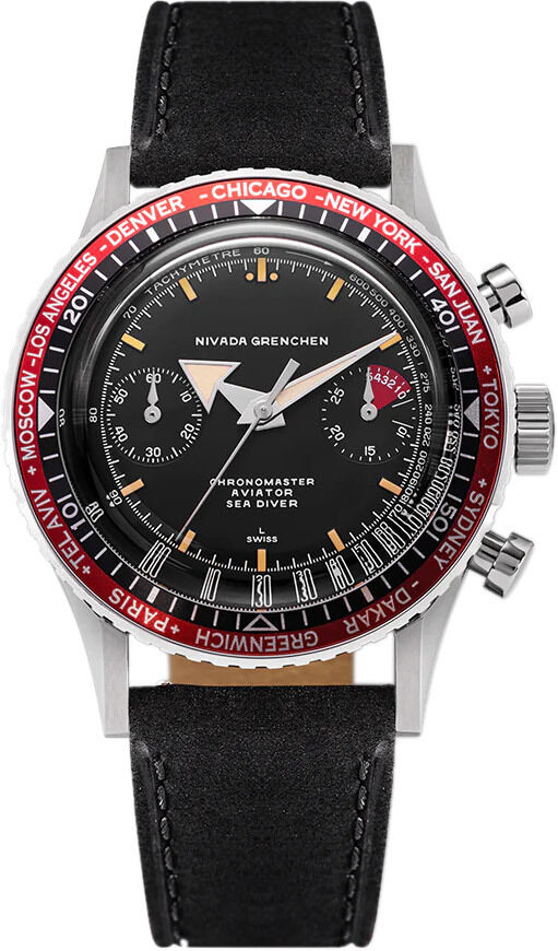Nivada Grenchen 86033M17 Chronomaster Aviator Seadiver Black Dial Red Bezel
