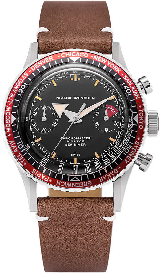 Nivada Grenchen 86033M14 Chronomaster Aviator Seadiver Black Dial Red Bezel
