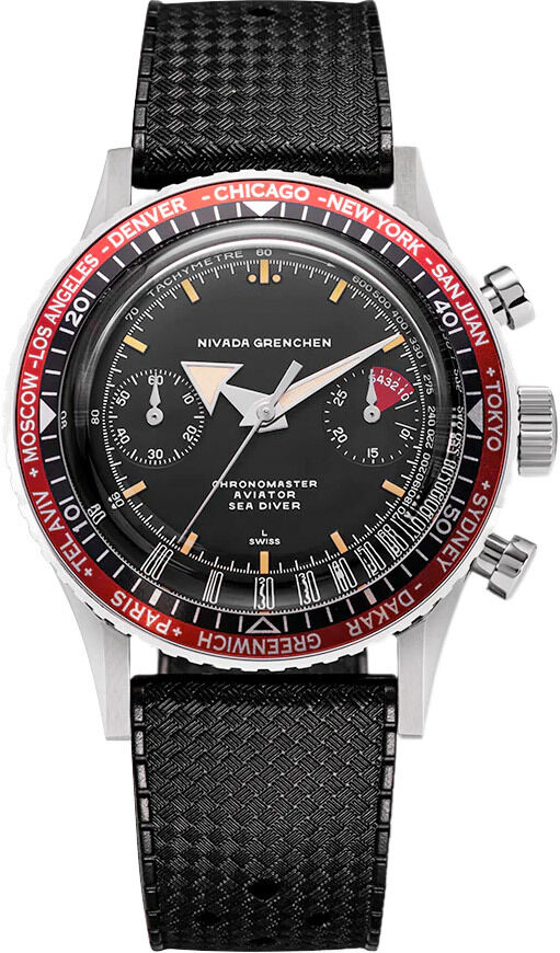 Nivada Grenchen 86033M01 Chronomaster Aviator Seadiver Black Dial Red Bezel
