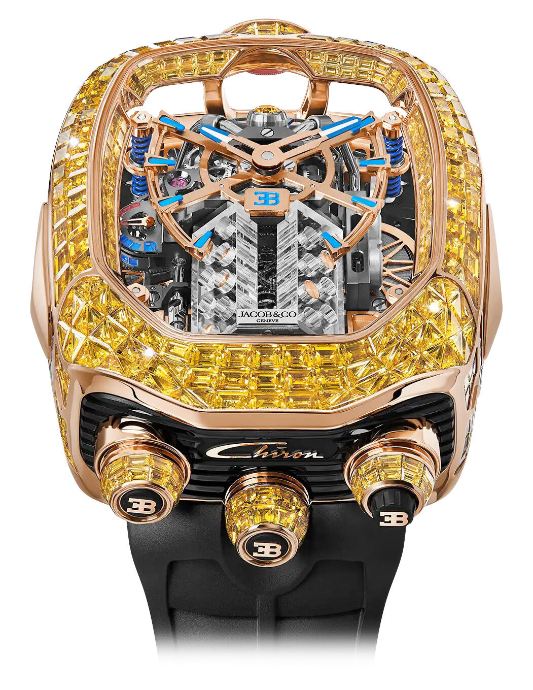 Jacob & Co. Bugatti Chiron Tourbillon Baguette Yellow Sapphires Rose Gold on Strap