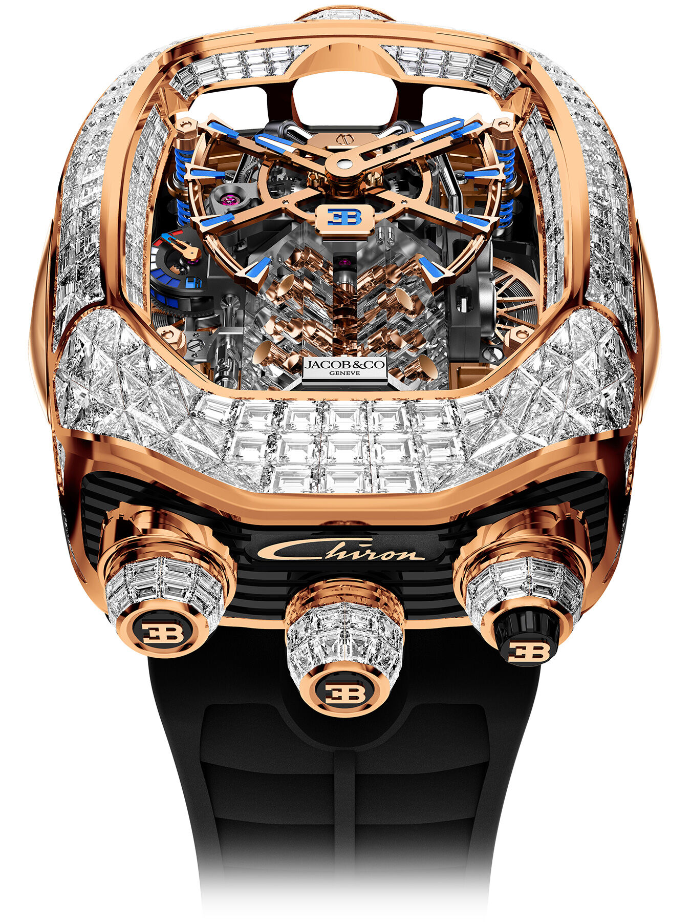 Jacob & Co. Bugatti Chiron Tourbillon Baguette Diamonds Rose Gold on Strap