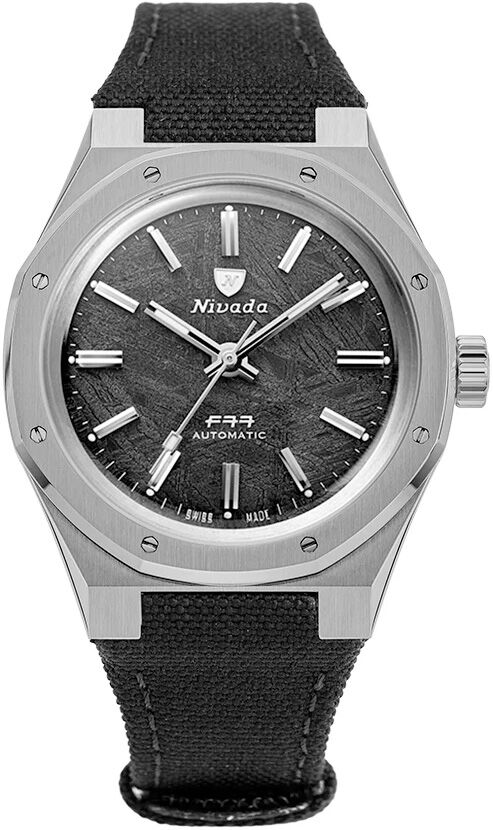 Nivada Grenchen F77 Titanium Meteorite Dial on Black Canvas Strap