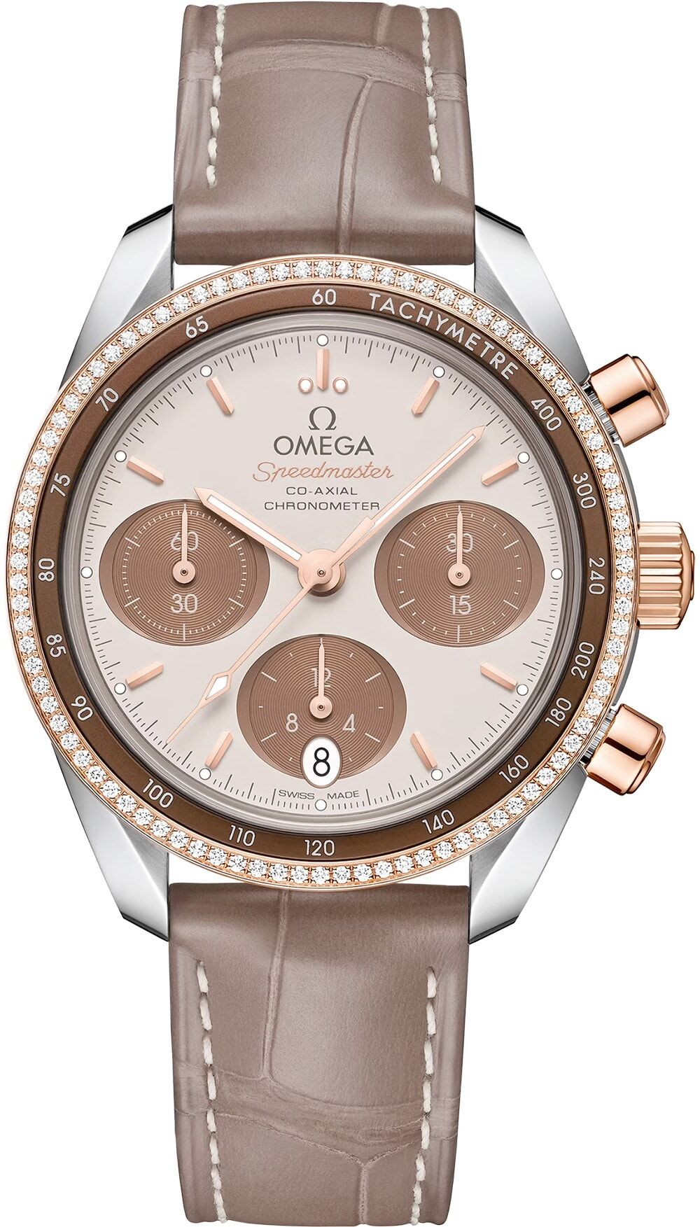 Omega 324.28.38.50.02.002 Speedmaster 38 Steel Sedna Gold Diamonds on Leather Strap