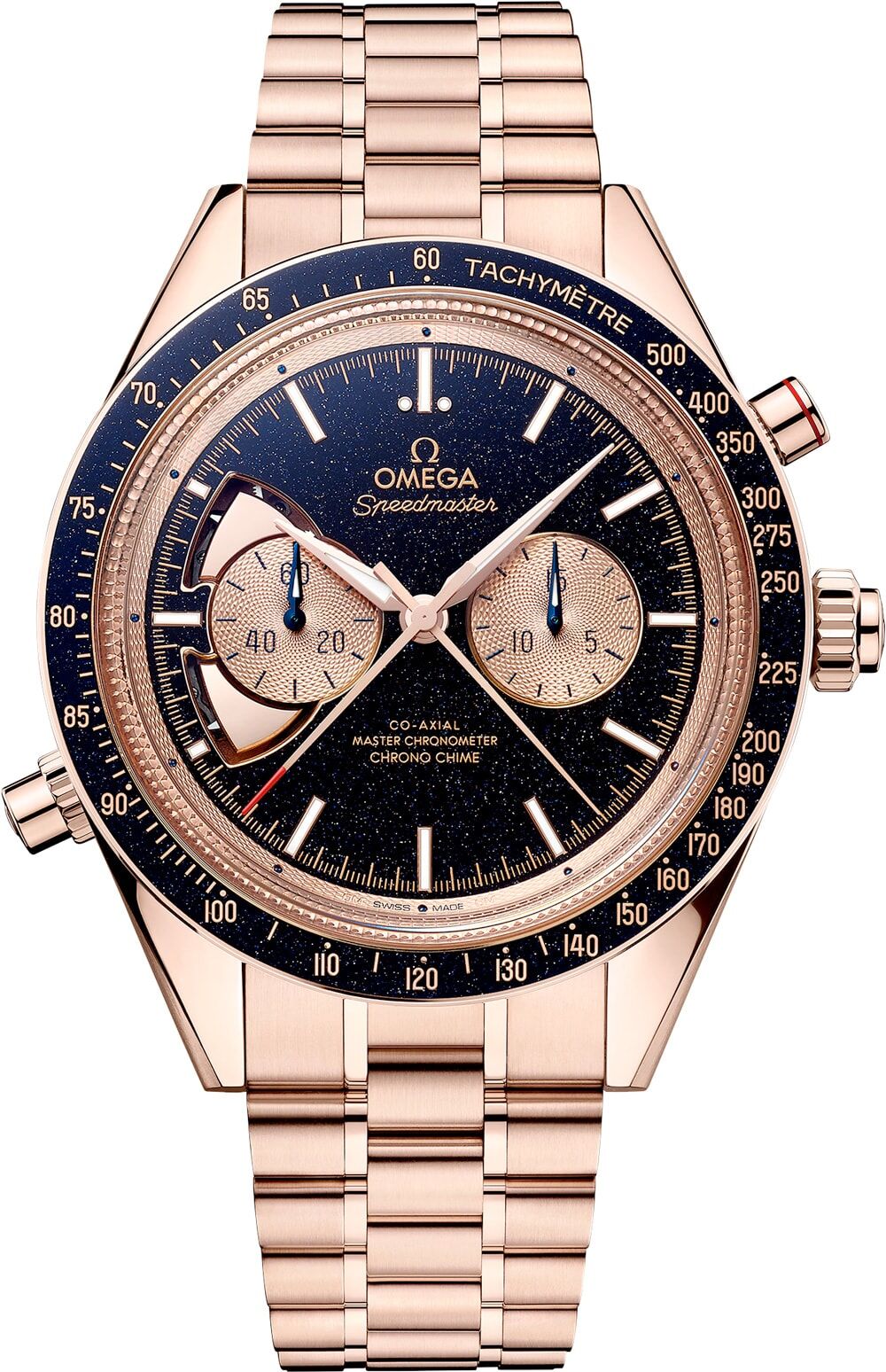Omega 522.50.45.52.03.001 Speedmaster Chrono Chime Sedna Gold on Bracelet