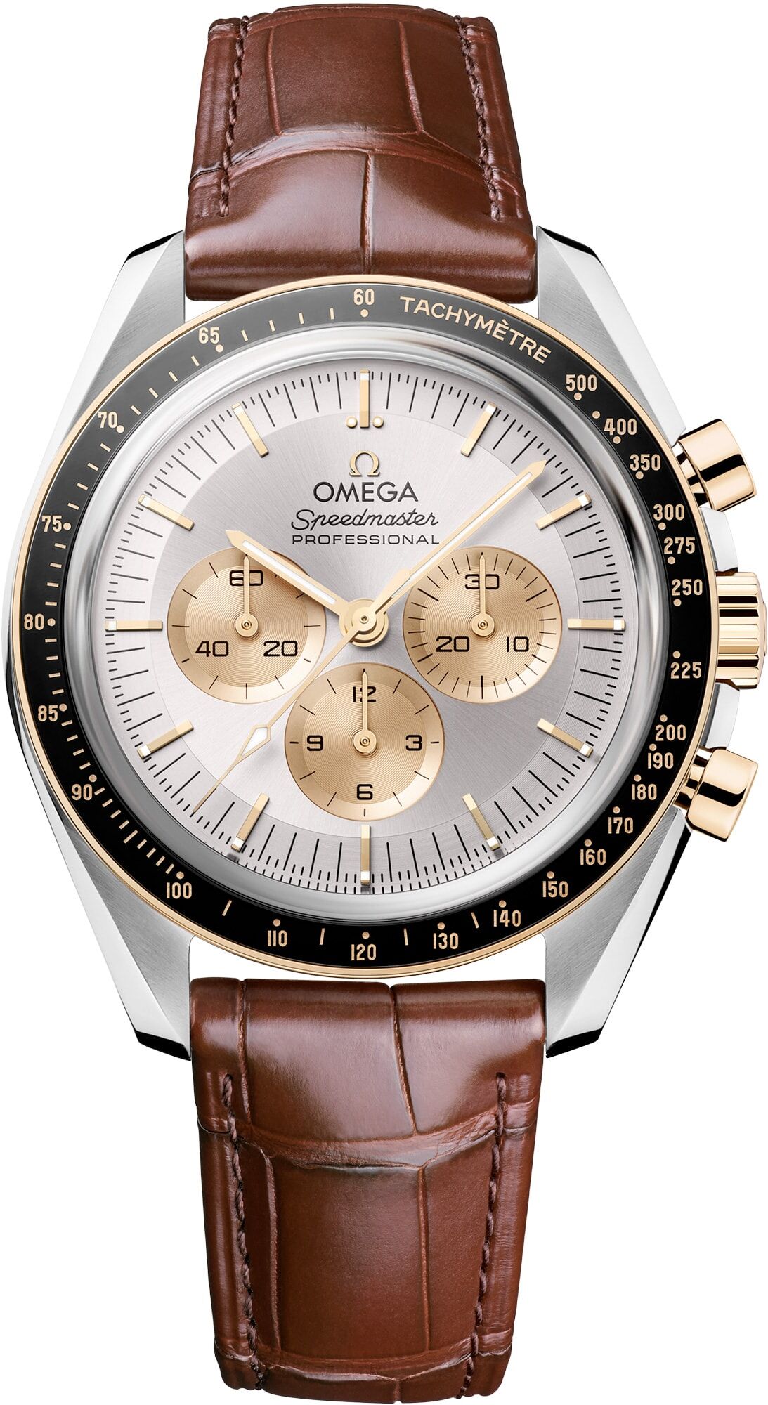 Omega 310.23.42.50.02.001 Speedmaster Moonwatch Professional 42mm Steel Moonshine Gold on Alligator Strap