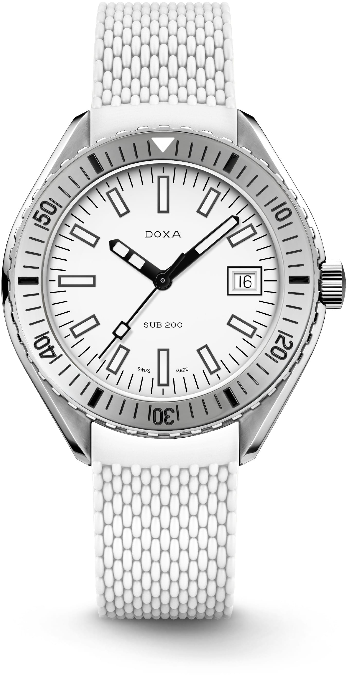 DOXA SUB 200 Whitepearl 796.10.011.23 On White Rubber Strap