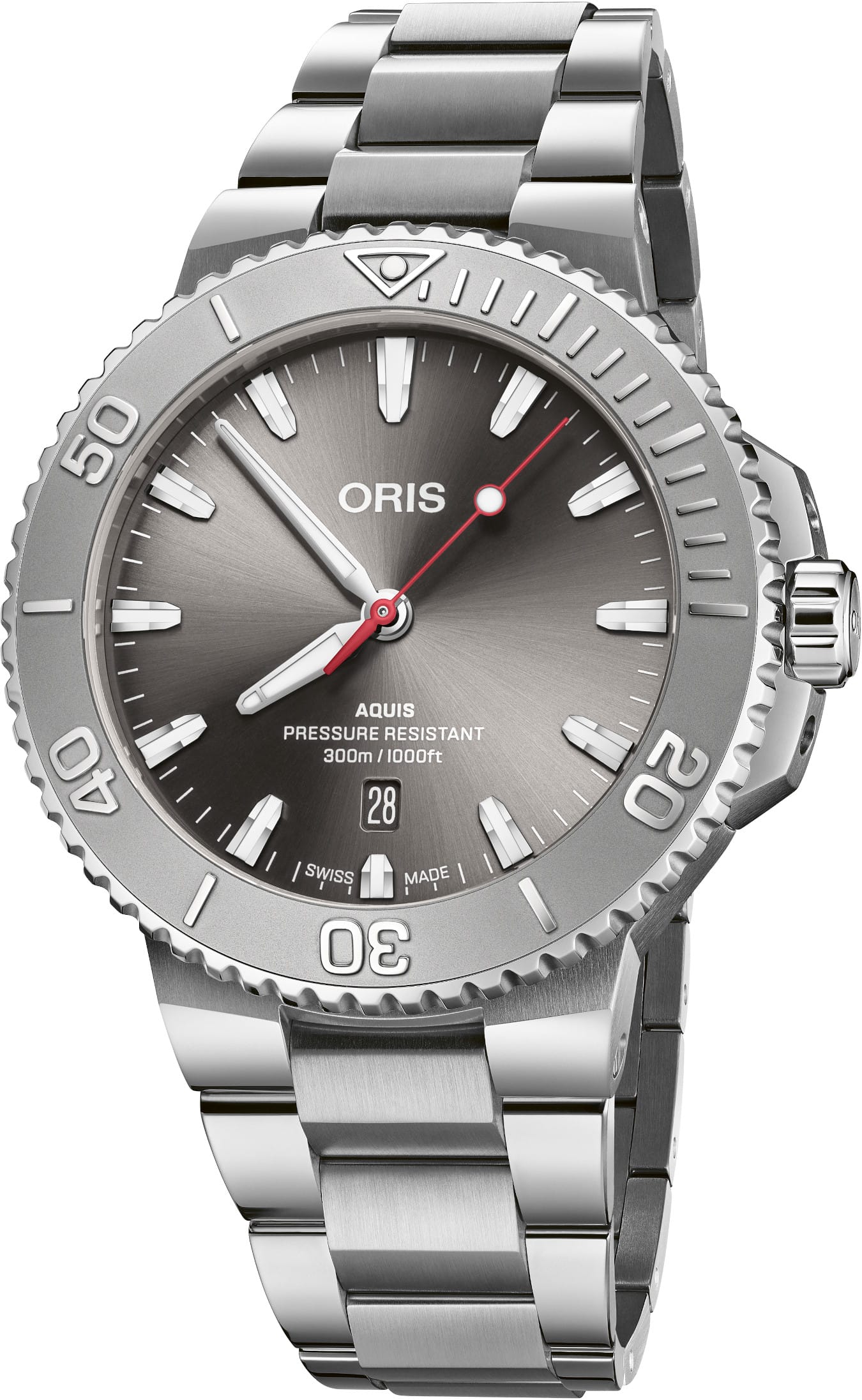 Oris 01 733 7789 4153-07 8 23 04PEB Aquis Date Relief Silver Dial On Bracelet