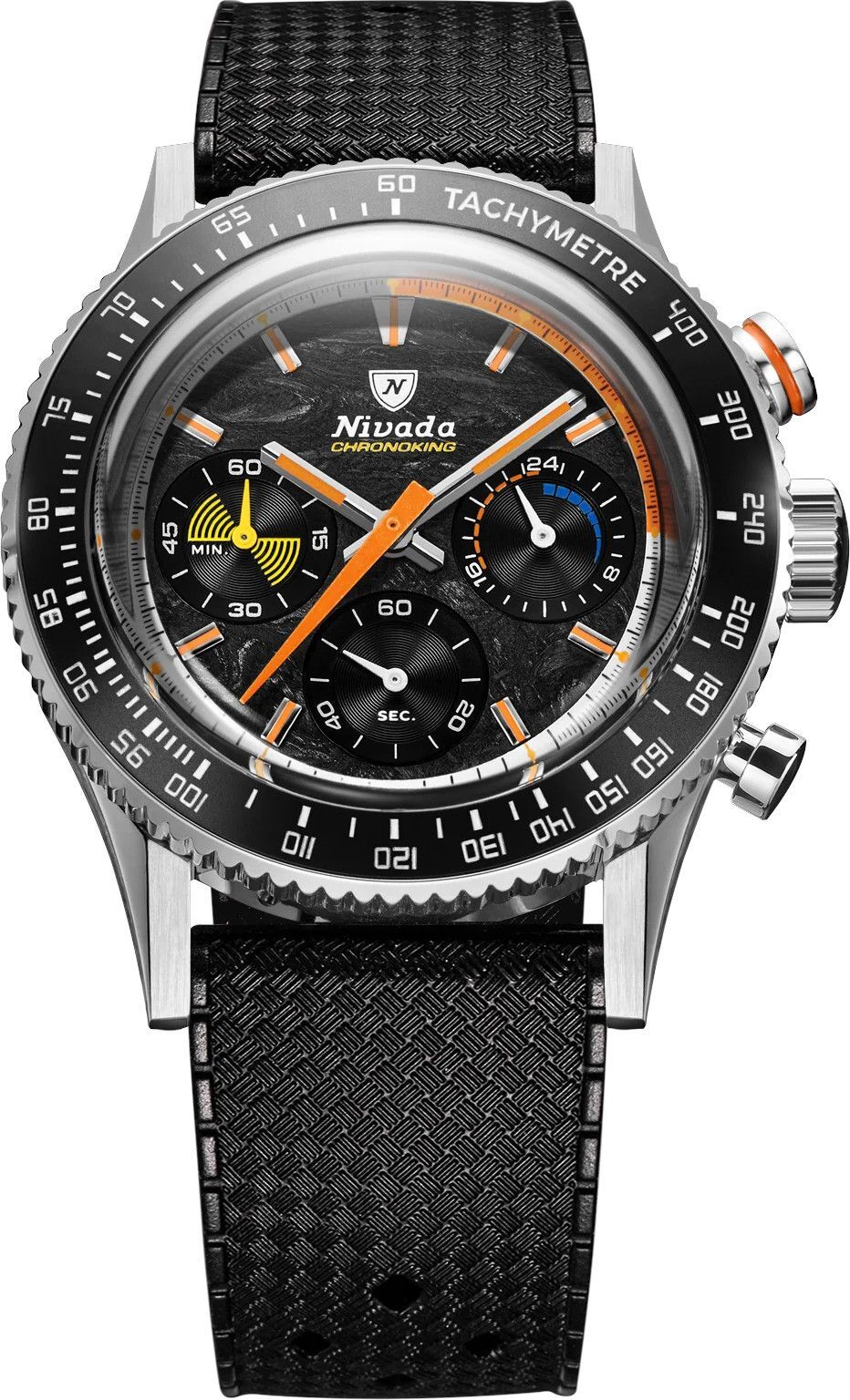 Nivada Grenchen 87049Q01 Chronoking Mecaquartz Racing Carbon on Rubber Tropic Strap