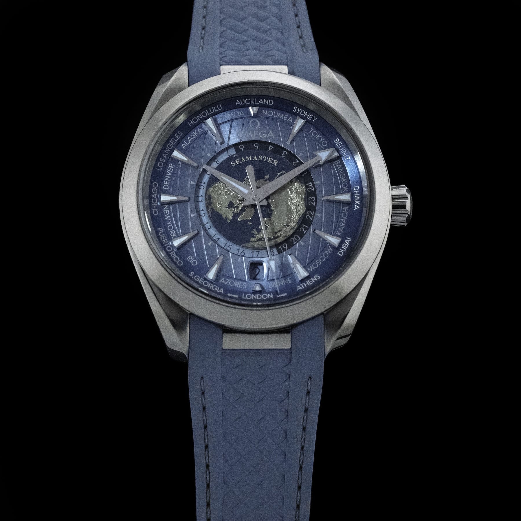 Omega 220.12.43.22.03.002 Seamaster Aqua Terra 150M Worldtimer Summer Blue on Strap